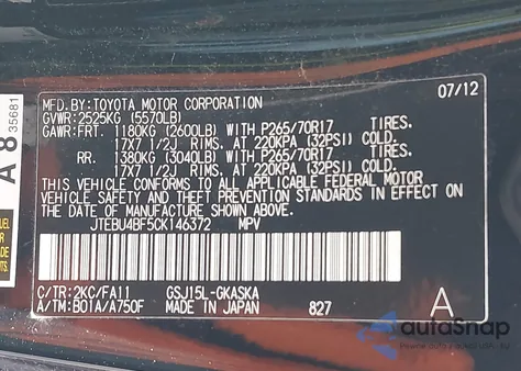 2012 Toyota Fj Cruiser z USA, uszkodzony, nr VIN JTEBU4BF5CK146372